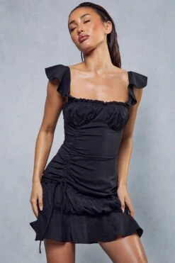 Frill Detail Ruched Mini Dress -BOW Clothing Shop black frill detail ruched mini dress 4