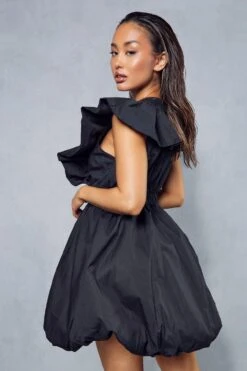 Frill Shoulder Puff Dress -BOW Clothing Shop black frill shoulder puff dress 2
