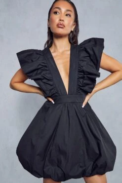 Frill Shoulder Puff Dress -BOW Clothing Shop black frill shoulder puff dress 4