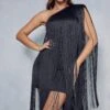 Fringed Tassle One Shoulder Mini Dress -BOW Clothing Shop black fringed tassle one shoulder mini dress
