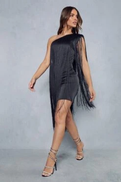 Fringed Tassle One Shoulder Mini Dress -BOW Clothing Shop black fringed tassle one shoulder mini dress 3
