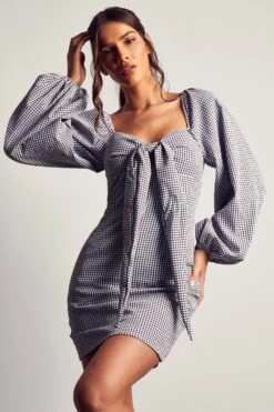 Gingham Tie Front Puff Sleeve Mini Dress