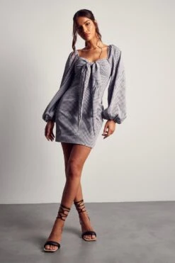 Gingham Tie Front Puff Sleeve Mini Dress -BOW Clothing Shop black gingham tie front puff sleeve mini dress 3