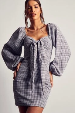 Gingham Tie Front Puff Sleeve Mini Dress -BOW Clothing Shop black gingham tie front puff sleeve mini dress 4