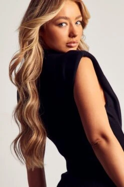 High Neck Knitted Shoulder Pad Mini Dress -BOW Clothing Shop black high neck knitted shoulder pad mini dress 1