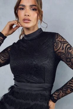 High Neck Lace Fringe Dress -BOW Clothing Shop black high neck lace fringe dress 1