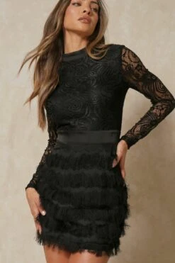 High Neck Lace Fringe Dress -BOW Clothing Shop black high neck lace fringe dress 4