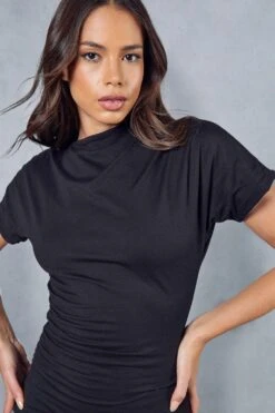 Jersey Ruched Detail Mini Dress -BOW Clothing Shop black jersey ruched detail mini dress 1