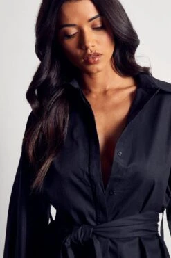 Kimono Sleeve Oversized Belted Shirt Dress -BOW Clothing Shop black kimono sleeve oversized belted shirt dress 1