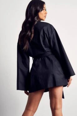 Kimono Sleeve Oversized Belted Shirt Dress -BOW Clothing Shop black kimono sleeve oversized belted shirt dress 2