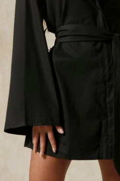 Kimono Sleeve Oversized Belted Shirt Dress -BOW Clothing Shop black kimono sleeve oversized belted shirt dress 5