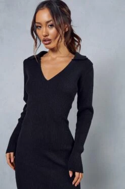 Knitted Collar Detail Split Maxi Dress -BOW Clothing Shop black knitted collar detail split maxi dress 1