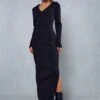 Knitted Collar Detail Split Maxi Dress -BOW Clothing Shop black knitted collar detail split maxi dress