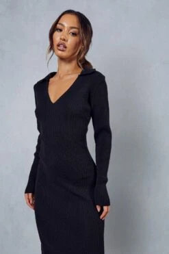 Knitted Collar Detail Split Maxi Dress -BOW Clothing Shop black knitted collar detail split maxi dress 4