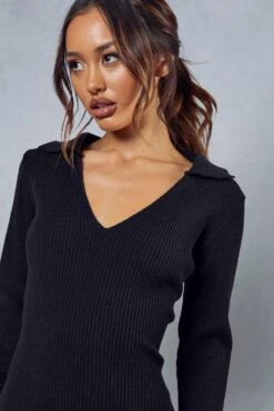 Knitted Collar Detail Split Maxi Dress -BOW Clothing Shop black knitted collar detail split maxi dress 5