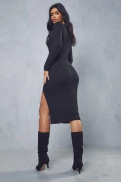 Knitted Split Leg Midi Dress -BOW Clothing Shop black knitted split leg midi dress 2