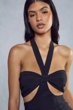 Knot Front Halterneck Mini Dress -BOW Clothing Shop black knot front halterneck mini dress 1