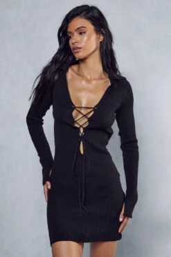 Lace Up Detail Rib Knit Mini Dress 11 Lace Up Detail Rib Knit Mini Dress -BOW Clothing Shop black lace up detail rib knit mini dress 4