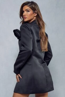 Lexi Wood Detachable Corsage Satin Blazer Dress -BOW Clothing Shop black lexi wood detachable corsage satin blazer dress 3