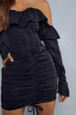 Lexi Wood Premium Satin Corseted Ruched Skirt Frill Mini Dress -BOW Clothing Shop black lexi wood premium satin corseted ruched skirt frill mini dress 1