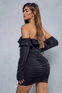 Lexi Wood Premium Satin Corseted Ruched Skirt Frill Mini Dress -BOW Clothing Shop black lexi wood premium satin corseted ruched skirt frill mini dress 3