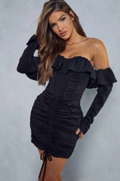 Lexi Wood Premium Satin Corseted Ruched Skirt Frill Mini Dress -BOW Clothing Shop black lexi wood premium satin corseted ruched skirt frill mini dress 5