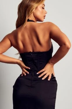 Lexi Wood Premium Satin Drape Corset Midi Dress -BOW Clothing Shop black lexi wood premium satin drape corset midi dress 5