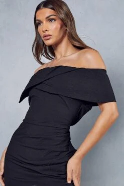 Linen Look One Shoulder Ruched Dress -BOW Clothing Shop black linen look one shoulder ruched dress 1