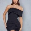 Linen Look One Shoulder Ruched Dress -BOW Clothing Shop black linen look one shoulder ruched dress