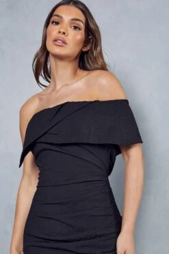 Linen Look One Shoulder Ruched Dress -BOW Clothing Shop black linen look one shoulder ruched dress 5