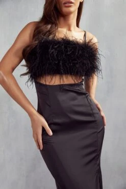 Maeve Premium Satin Feather Maxi Dress -BOW Clothing Shop black maeve premium satin feather maxi dress 5