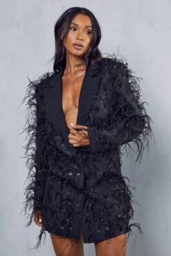 Margot Premium Feather Detail Blazer Dress -BOW Clothing Shop black margot premium feather detail blazer dress 1
