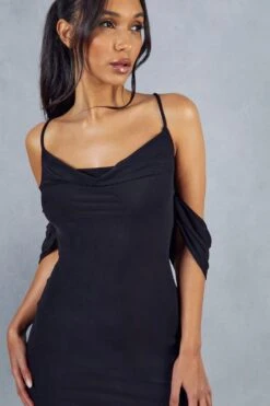 Mesh Cross Strap Drape Sleeve Mini Dress -BOW Clothing Shop black mesh cross strap drape sleeve mini dress 1