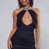 Mesh Diamante Neckline Ruched Mini Dress -BOW Clothing Shop black mesh diamante neckline ruched mini dress