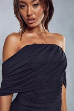 Mesh Drape Sleeve Bardot Mini Dress -BOW Clothing Shop black mesh drape sleeve bardot mini dress 1