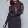 Mesh Insert Long Sleeve Thumbhole Mini Dress -BOW Clothing Shop black mesh insert long sleeve thumbhole mini dress