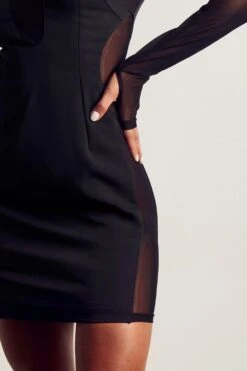 Mesh Insert Long Sleeve Thumbhole Mini Dress -BOW Clothing Shop black mesh insert long sleeve thumbhole mini dress 5