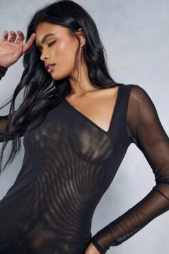 Mesh Ruched Asymmetric Midi Dress -BOW Clothing Shop black mesh ruched asymmetric midi dress 1