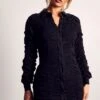Mesh Ruched Button Down Shirt Dress -BOW Clothing Shop black mesh ruched button down shirt dress