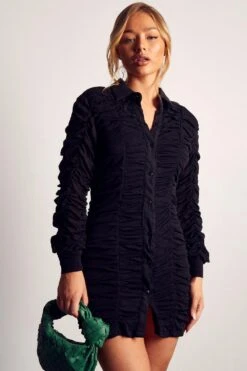 Mesh Ruched Button Down Shirt Dress -BOW Clothing Shop black mesh ruched button down shirt dress 4