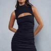 Mesh Ruched High Neck Cut Out Detail Mini Dress 1 Mesh Ruched High Neck Cut Out Detail Mini Dress -BOW Clothing Shop black mesh ruched high neck cut out detail mini dress