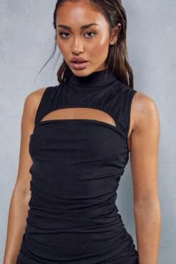 Mesh Ruched High Neck Cut Out Detail Mini Dress 13 Mesh Ruched High Neck Cut Out Detail Mini Dress -BOW Clothing Shop black mesh ruched high neck cut out detail mini dress 5