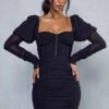 Mesh Ruched Puff Sleeve Mini Dress -BOW Clothing Shop black mesh ruched puff sleeve mini dress