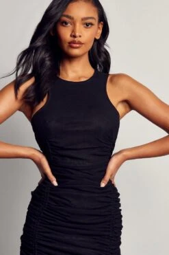 Mesh Ruched Side Sleeveless Dress -BOW Clothing Shop black mesh ruched side sleeveless dress 1