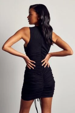 Mesh Ruched Side Sleeveless Dress -BOW Clothing Shop black mesh ruched side sleeveless dress 2