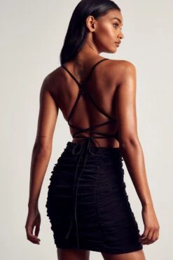 Mesh Strappy Back Ruched Body Mini Dress -BOW Clothing Shop black mesh strappy back ruched body mini dress 2