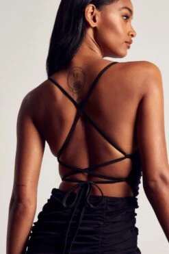 Mesh Strappy Back Ruched Body Mini Dress -BOW Clothing Shop black mesh strappy back ruched body mini dress 4