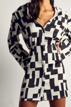 Monochrome Abstract Button Through Shirt Dress -BOW Clothing Shop black monochrome abstract button through shirt dress 1