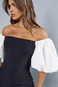 Monochrome Puff Sleeve Mini Dress -BOW Clothing Shop black monochrome puff sleeve mini dress 1