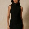Monogram Embossed High Neck Mini Dress -BOW Clothing Shop black monogram embossed high neck mini dress